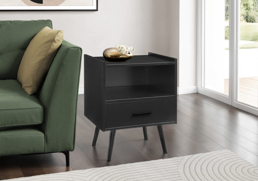 Accent Table, Side Table, End, Storage Drawer, Nightstand, Bedroom, Living Room, Black Laminate, Contemporary, Modern