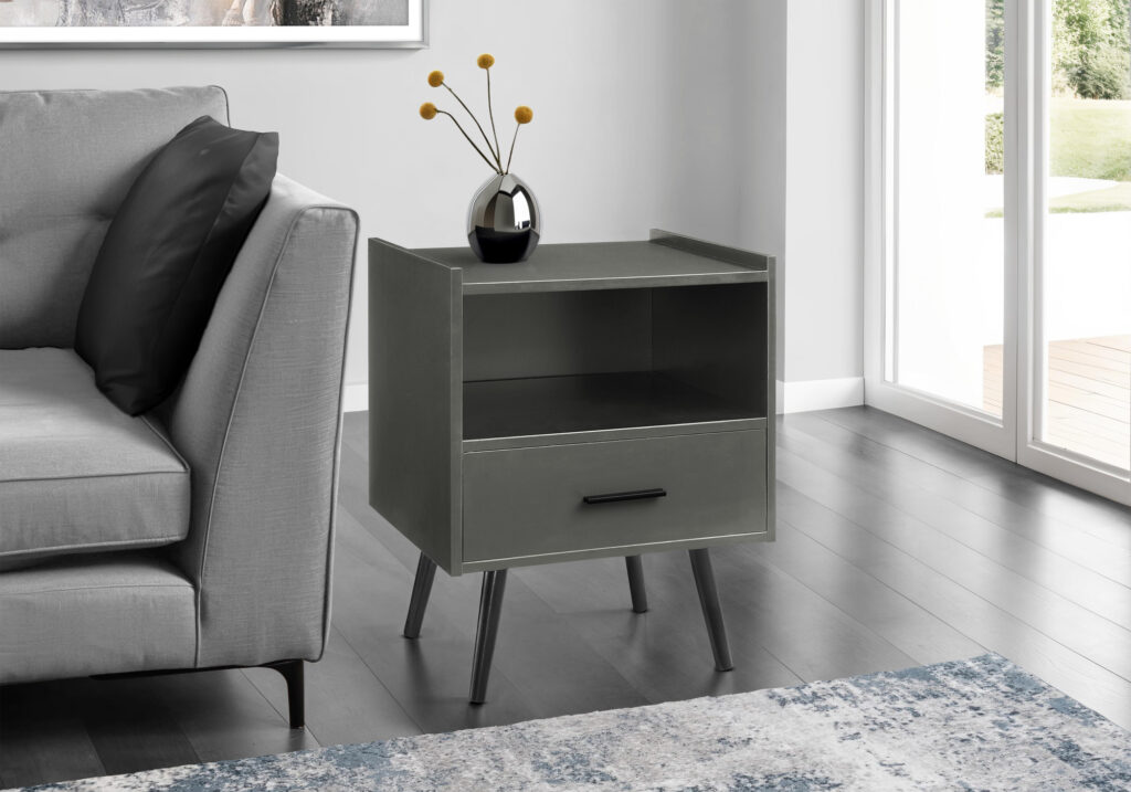 Accent Table, Side Table, End, Storage Drawer, Nightstand, Bedroom, Living Room, Grey Laminate, Contemporary, Modern