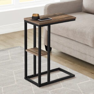 Accent Table, C-shaped, End, Side, Snack, Living Room, Bedroom, Brown Laminate, Black Metal, Contemporary, Modern