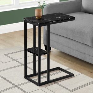 Accent Table, C-shaped, End, Side, Snack, Living Room, Bedroom, Black Marble Look Laminate, Black Metal, Contemporary, Modern
