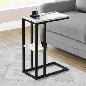 Accent Table, C-shaped, End, Side, Snack, Living Room, Bedroom, White Marble Look Laminate, Black Metal, Contemporary, Modern