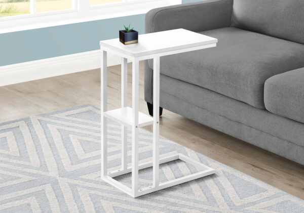 Accent Table, C-shaped, End, Side, Snack, Living Room, Bedroom, White Laminate, White Metal, Contemporary, Modern