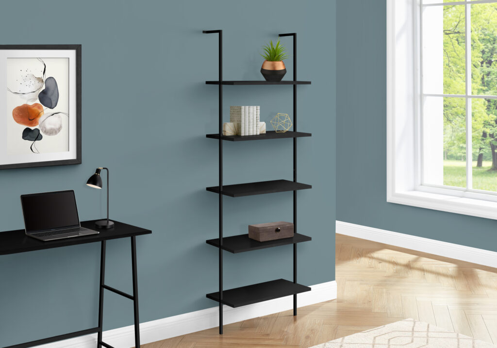 Bookshelf, Bookcase, Etagere, Ladder, 5 Tier, 72″H, Office, Bedroom, Black Laminate, Black Metal, Contemporary, Modern