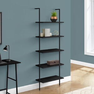 Bookshelf, Bookcase, Etagere, Ladder, 5 Tier, 72"H, Office, Bedroom, Black Laminate, Black Metal, Contemporary, Modern
