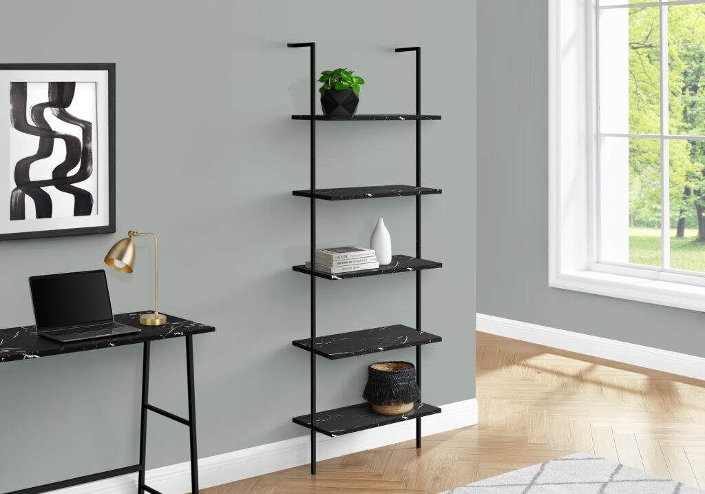 Bookshelf, Bookcase, Etagere, Ladder, 5 Tier, 72″H, Office, Bedroom, Black Marble Look Laminate, Black Metal, Contemporary, Modern