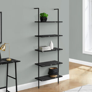 Bookshelf, Bookcase, Etagere, Ladder, 5 Tier, 72"H, Office, Bedroom, Black Marble Look Laminate, Black Metal, Contemporary, Modern