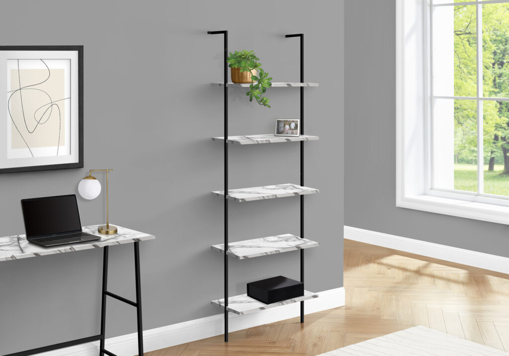 Bookshelf, Bookcase, Etagere, Ladder, 5 Tier, 72″H, Office, Bedroom, White Marble Look Laminate, Black Metal, Contemporary, Modern