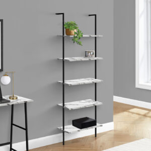 Bookshelf, Bookcase, Etagere, Ladder, 5 Tier, 72"H, Office, Bedroom, White Marble Look Laminate, Black Metal, Contemporary, Modern