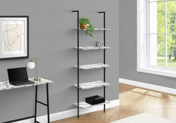 Bookshelf, Bookcase, Etagere, Ladder, 5 Tier, 72″H, Office, Bedroom, White Marble Look Laminate, Black Metal, Contemporary, Modern