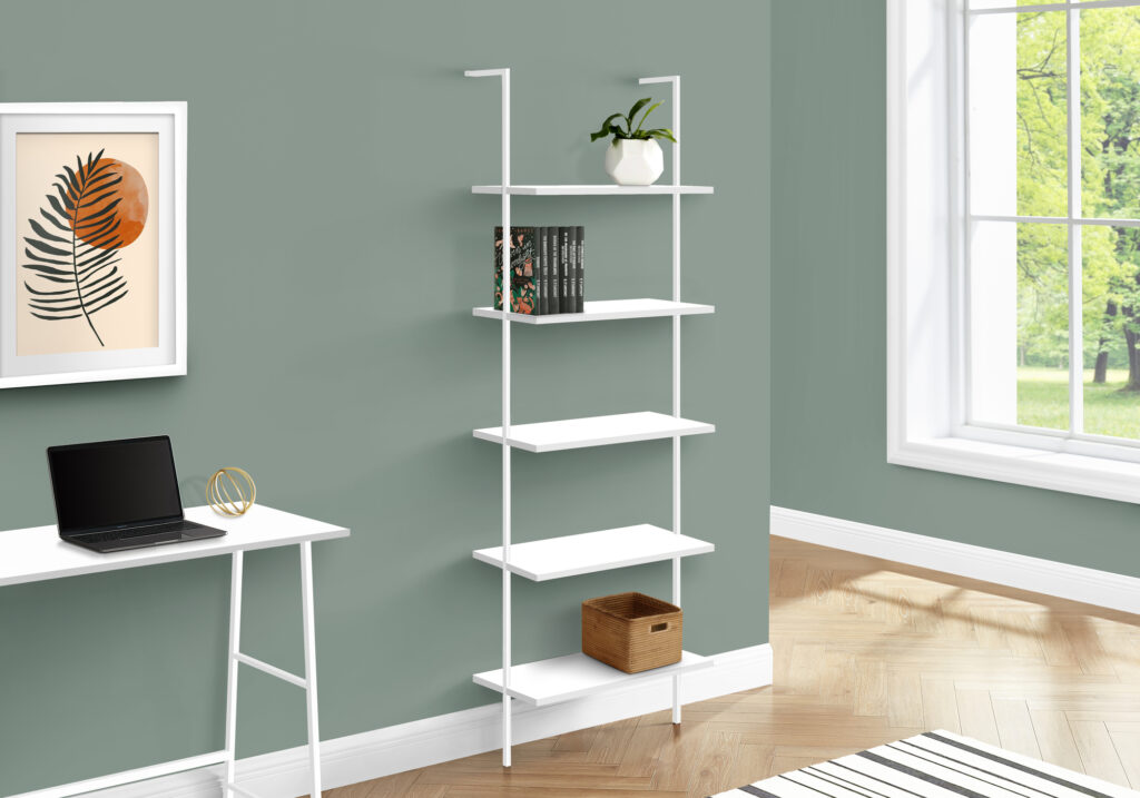 Bookshelf, Bookcase, Etagere, Ladder, 5 Tier, 72″H, Office, Bedroom, White Laminate, White Metal, Contemporary, Modern