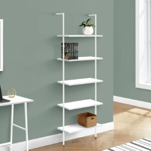 Bookshelf, Bookcase, Etagere, Ladder, 5 Tier, 72"H, Office, Bedroom, White Laminate, White Metal, Contemporary, Modern