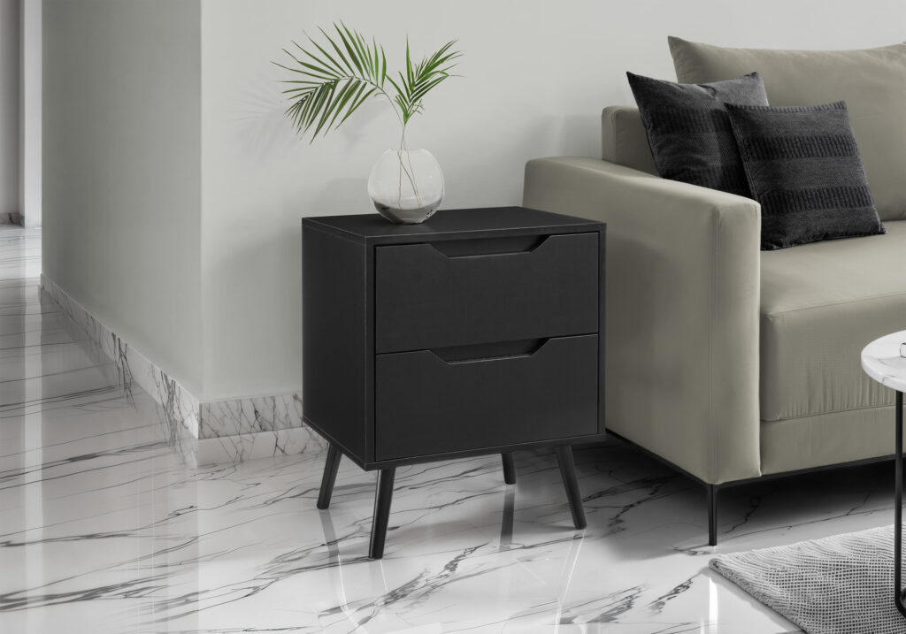Accent Table, Side Table, End, Storage Drawer, Nightstand, Bedroom, Living Room, Black Laminate, Modern, Contemporary