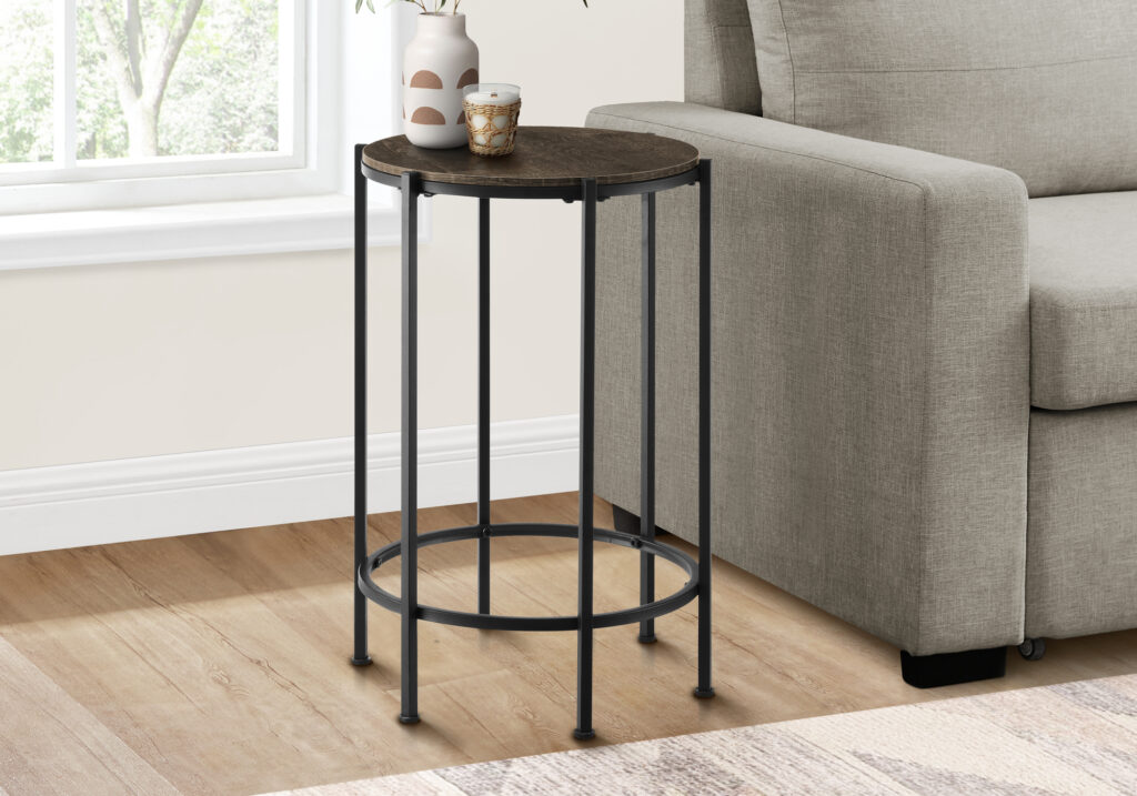 Accent Table, End, Round, Side Table, Small, Lamp, Living Room, Bedroom, Nightstand, Dark Oak Laminate, Black Metal, Contemporary
