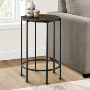 Accent Table, End, Round, Side Table, Small, Lamp, Living Room, Bedroom, Nightstand, Dark Oak Laminate, Black Metal, Contemporary