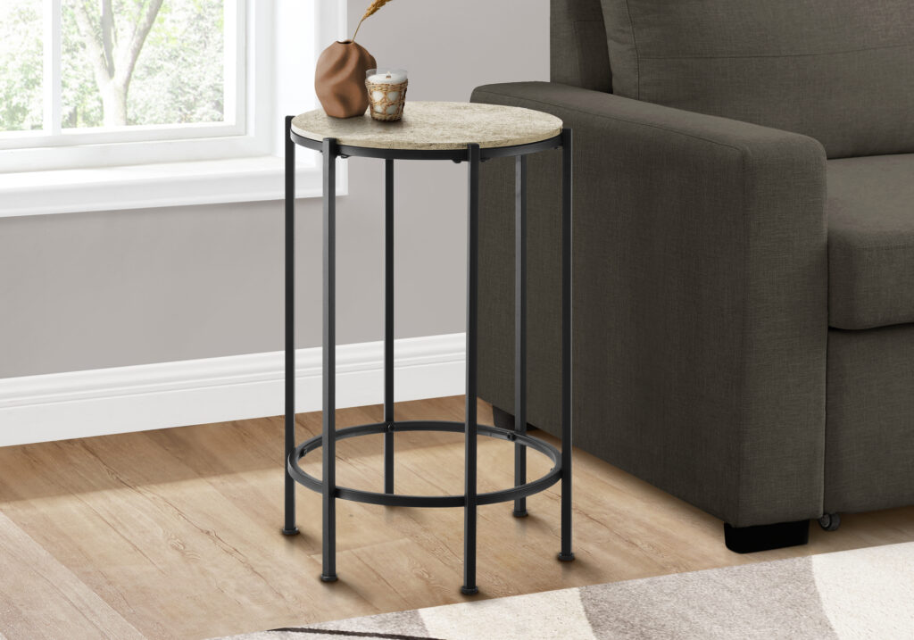 Accent Table, End, Round, Side Table, Small, Lamp, Living Room, Bedroom, Nightstand, Cream Stone Laminate, Black Metal, Contemporary