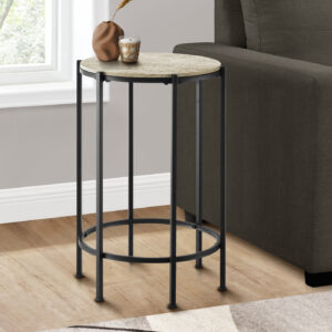 Accent Table, End, Round, Side Table, Small, Lamp, Living Room, Bedroom, Nightstand, Cream Stone Laminate, Black Metal, Contemporary