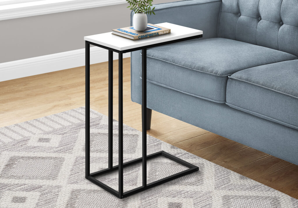 Accent Table, C-shaped, End, Side, Snack, Living Room, Bedroom, White Laminate, Black Metal, Contemporary, Modern