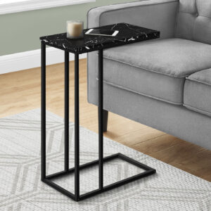 Accent Table, C-shaped, End, Side, Snack, Living Room, Bedroom, Black Marble Look Laminate, Black Metal, Contemporary, Modern
