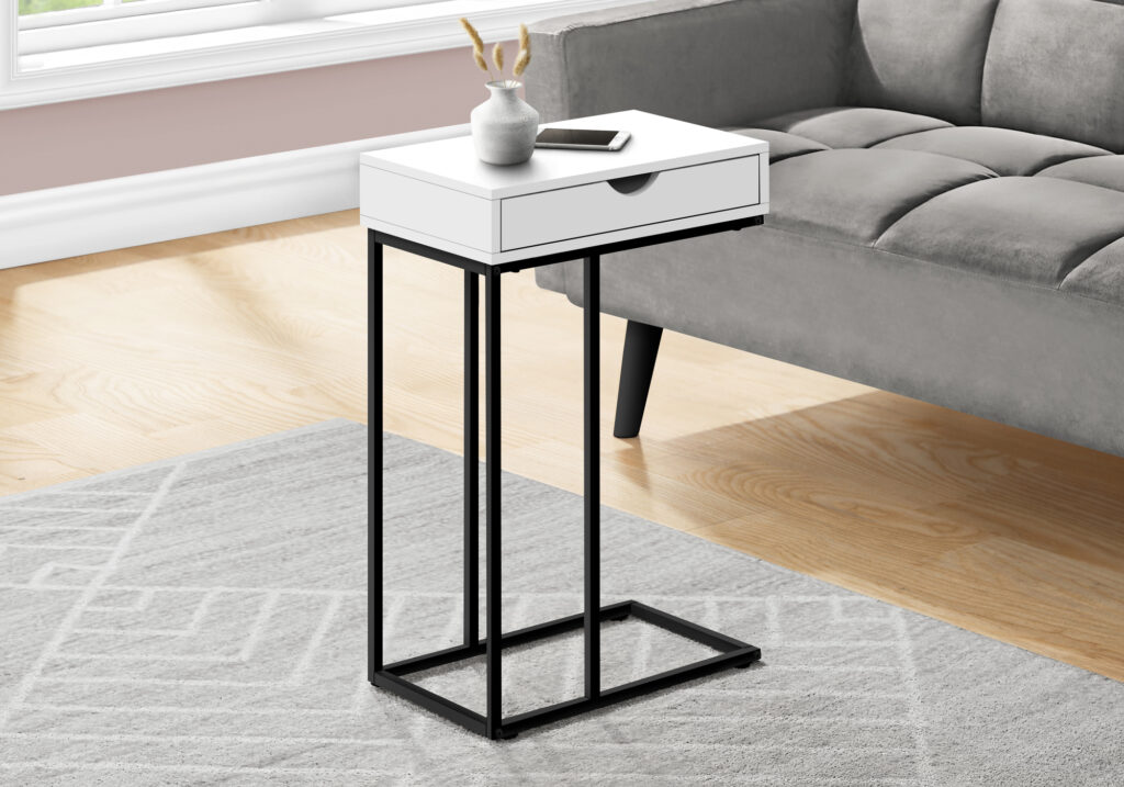 Accent Table, C-shaped, End, Side, Snack, Storage Drawer, Living Room, Bedroom, White Laminate, Black Metal, Contemporary, Modern