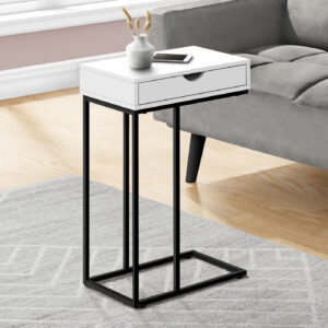 Accent Table, C-shaped, End, Side, Snack, Storage Drawer, Living Room, Bedroom, White Laminate, Black Metal, Contemporary, Modern