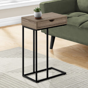 Accent Table, C-shaped, End, Side, Snack, Storage Drawer, Living Room, Bedroom, Brown Laminate, Black Metal, Contemporary, Modern