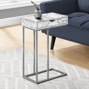 Accent Table, C-shaped, End, Side, Snack, Storage Drawer, Living Room, Bedroom, White Marble Look Laminate, Grey Metal, Contemporary, Modern