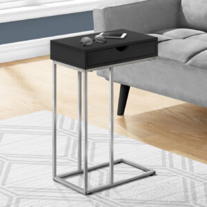 Accent Table, C-shaped, End, Side, Snack, Storage Drawer, Living Room, Bedroom, Black Laminate, Grey Metal, Contemporary, Modern