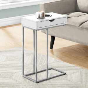 Accent Table, C-shaped, End, Side, Snack, Storage Drawer, Living Room, Bedroom, White Laminate, Grey Metal, Contemporary, Modern