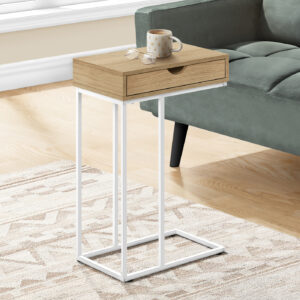 Accent Table, C-shaped, End, Side, Snack, Storage Drawer, Living Room, Bedroom, Natural Laminate, White Metal, Contemporary, Modern