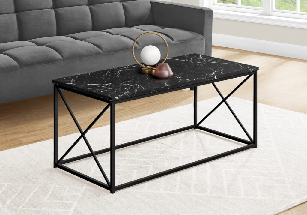 Coffee Table, Accent, Cocktail, Rectangular, Living Room, 40″L, Black Marble Look Laminate, Black Metal, Contemporary, Modern