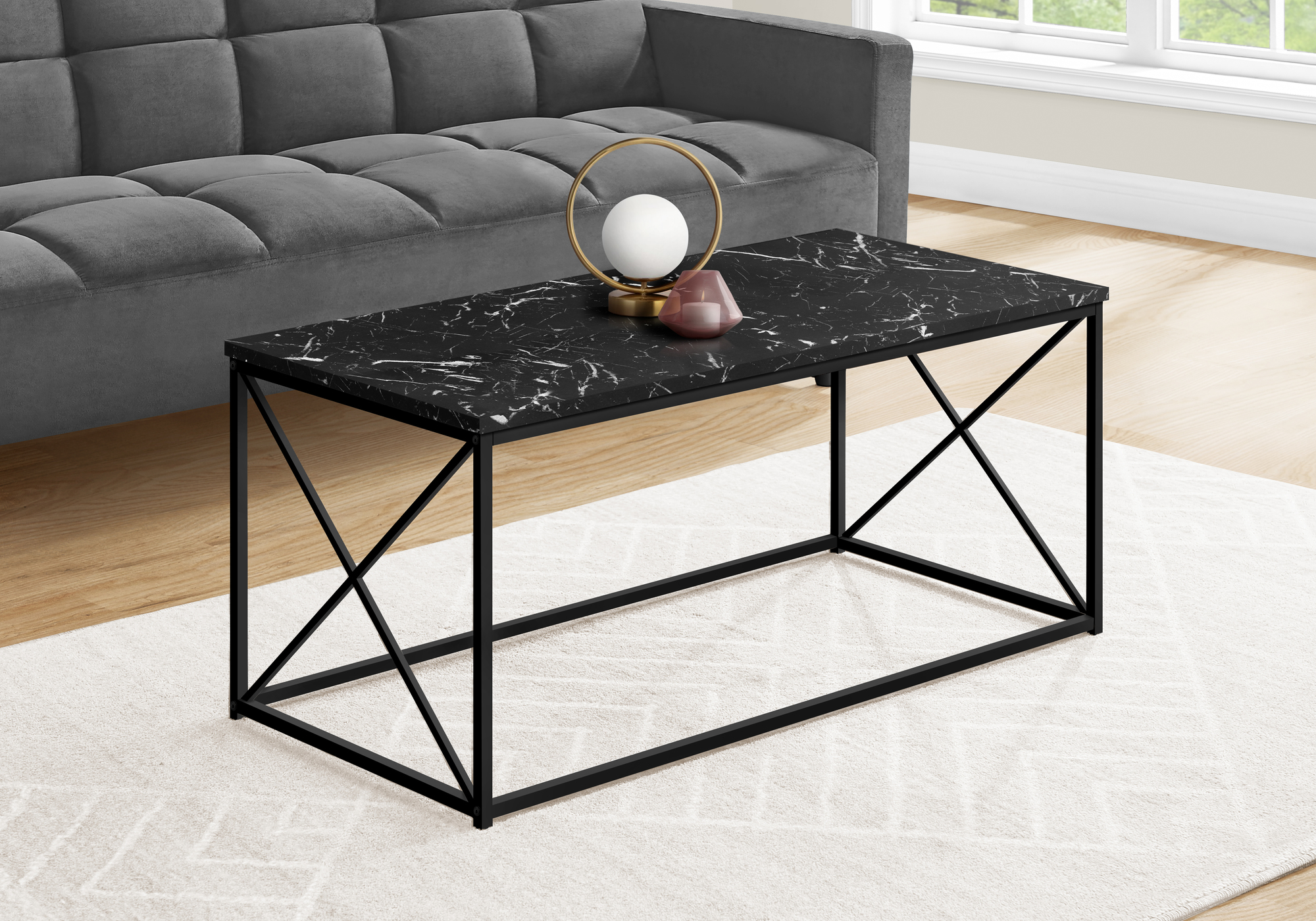 Coffee Table, Accent, Cocktail, Rectangular, Living Room, 40″L, Black Marble Look Laminate, Black Metal, Contemporary, Modern