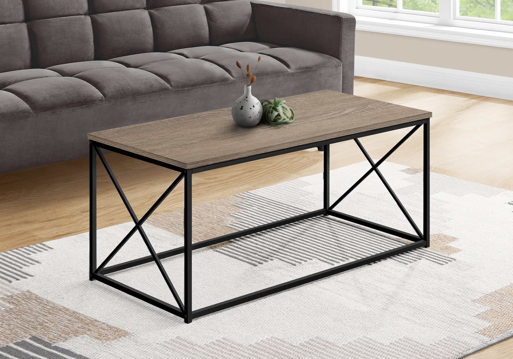 Coffee Table, Accent, Cocktail, Rectangular, Living Room, 40″L, Brown Laminate, Black Metal, Contemporary, Modern