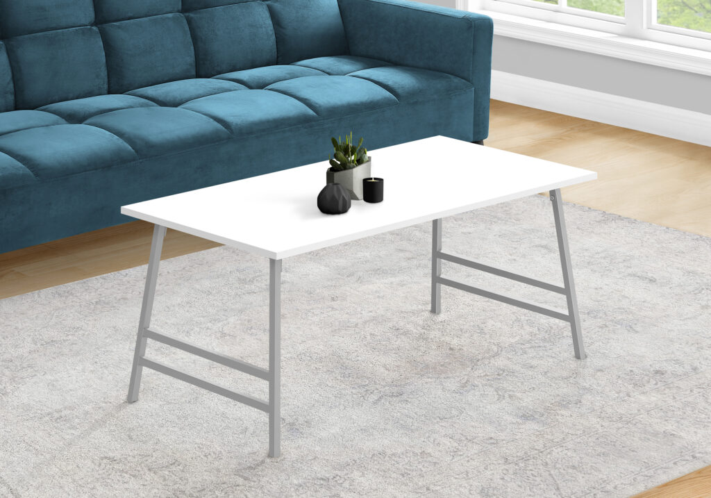 Coffee Table, Accent, Cocktail, Rectangular, Living Room, 40″L, White Laminate, Grey Metal, Contemporary, Modern