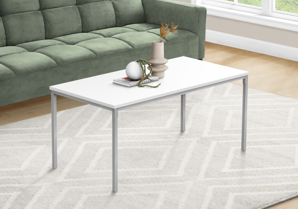 Coffee Table, Accent, Cocktail, Rectangular, Living Room, 40″L, White Laminate, Grey Metal, Contemporary, Modern