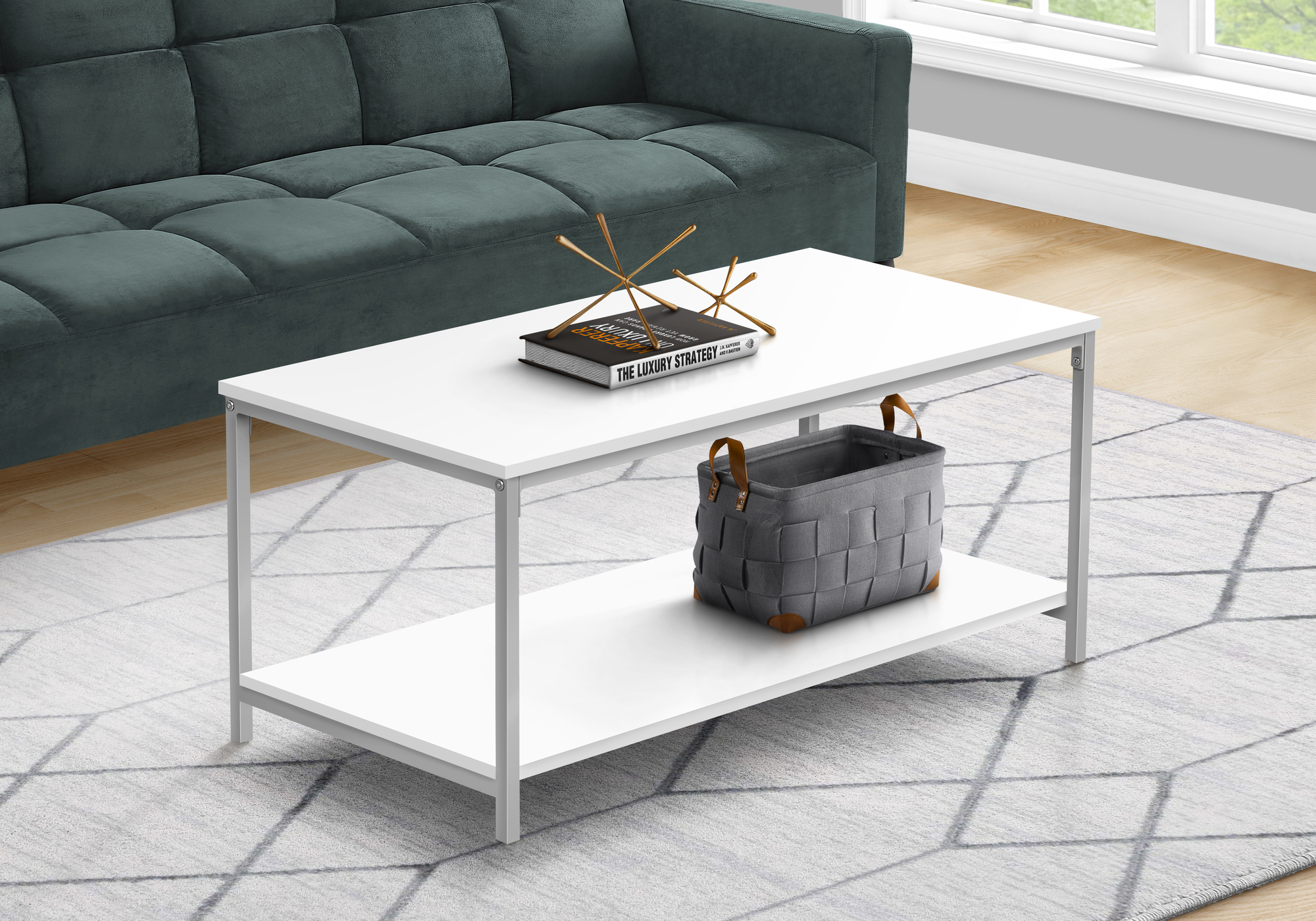 Coffee Table, Accent, Cocktail, Rectangular, Living Room, 40″L, White Laminate, Grey Metal, Contemporary, Modern