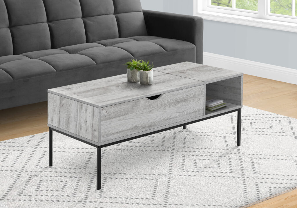 Coffee Table, 42″ L, Rectangular, Cocktail, Lift-top, Grey, Black Metal, Contemporary, Modern