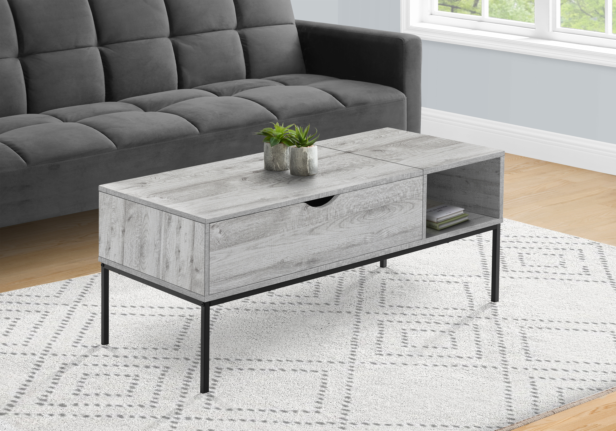 Coffee Table, 42″ L, Rectangular, Cocktail, Lift-top, Grey, Black Metal, Contemporary, Modern