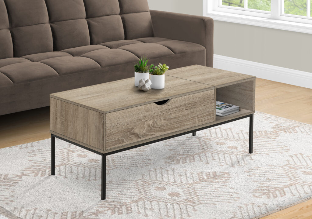 Coffee Table, 42″ L, Rectangular, Cocktail, Lift-top, Dark Taupe, Black Metal, Contemporary, Modern