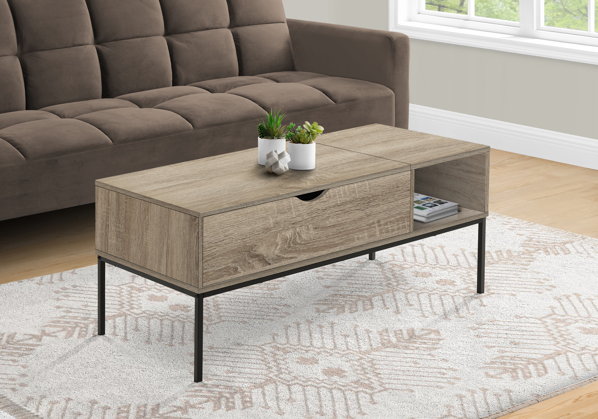 Coffee Table, 42″ L, Rectangular, Cocktail, Lift-top, Dark Taupe, Black Metal, Contemporary, Modern