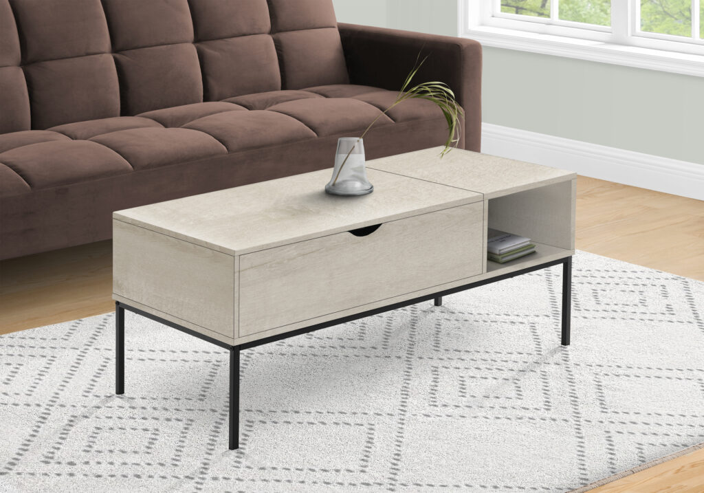 Coffee Table, 42″ L, Rectangular, Cocktail, Lift-top, Washed Oak, Black Metal, Contemporary, Modern