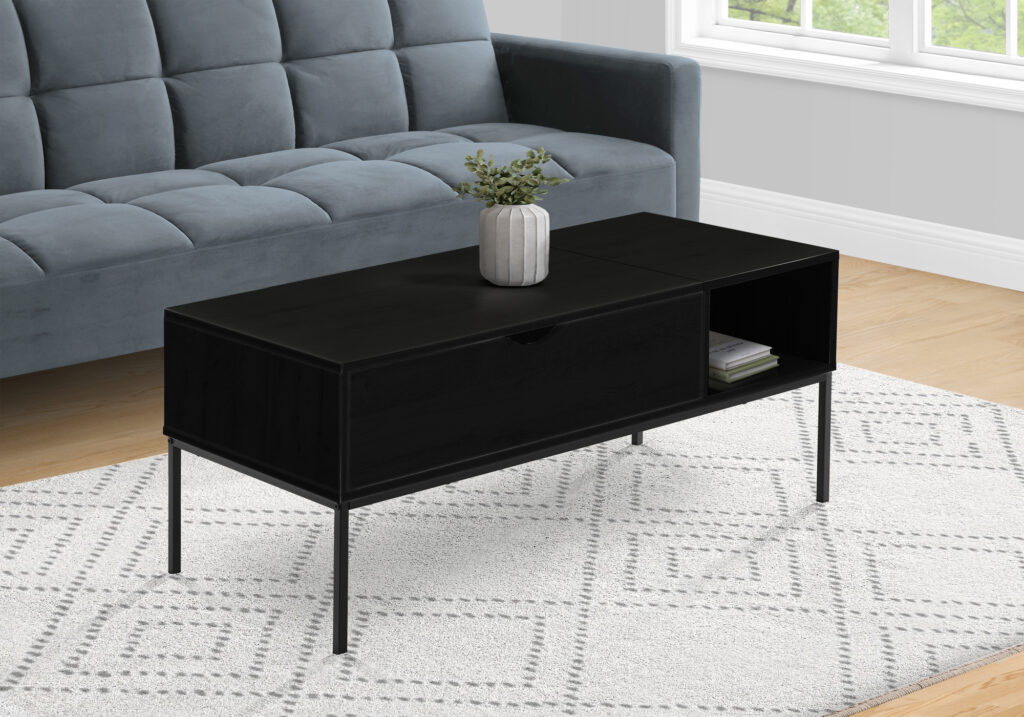 Coffee Table, 42″ L, Rectangular, Cocktail, Lift-top, Black Laminate, Black Metal, Contemporary, Modern