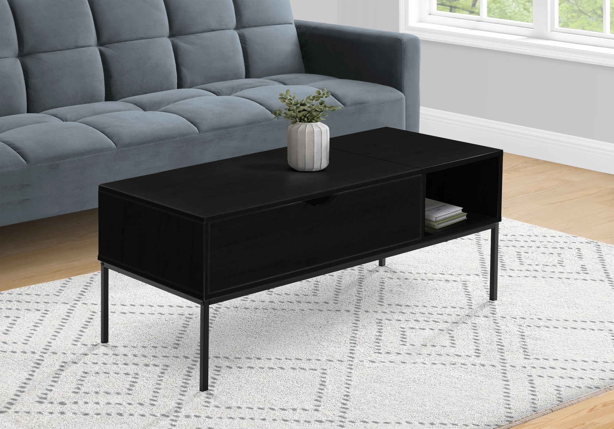 Coffee Table, 42″ L, Rectangular, Cocktail, Lift-top, Black Laminate, Black Metal, Contemporary, Modern