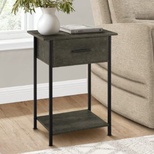 Accent Table, 2 Tier, End, Lamp, Living Room, Side Table, Storage Drawer, Small, Dark Bronze Laminate, Black Metal, Contemporary