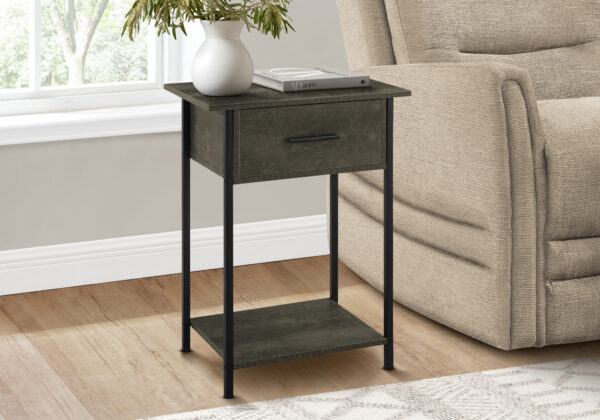 Accent Table, 2 Tier, End, Lamp, Living Room, Side Table, Storage Drawer, Small, Dark Bronze Laminate, Black Metal, Contemporary