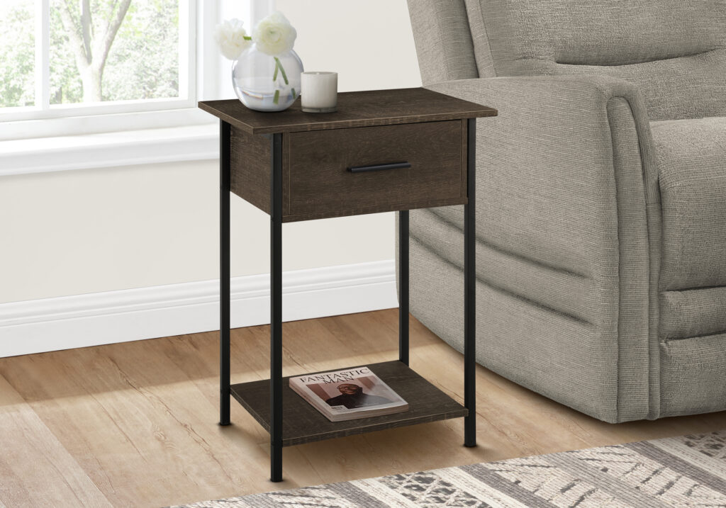 Accent Table, 2 Tier, End, Lamp, Living Room, Side Table, Storage Drawer, Small, Dark Oak Laminate, Black Metal, Contemporary