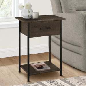 Accent Table, 2 Tier, End, Lamp, Living Room, Side Table, Storage Drawer, Small, Dark Oak Laminate, Black Metal, Contemporary