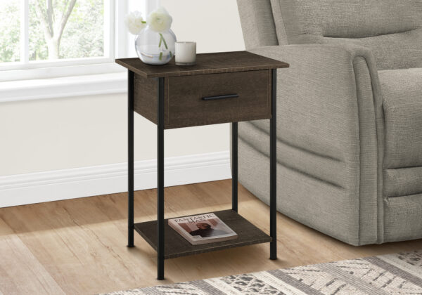 Accent Table, 2 Tier, End, Lamp, Living Room, Side Table, Storage Drawer, Small, Dark Oak Laminate, Black Metal, Contemporary