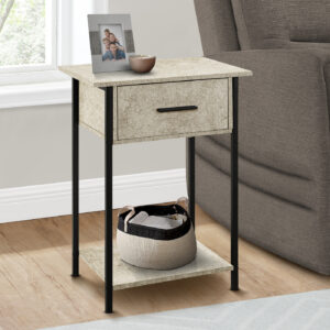 Accent Table, 2 Tier, End, Lamp, Living Room, Side Table, Storage Drawer, Small, Cream Stone Laminate, Black Metal, Contemporary
