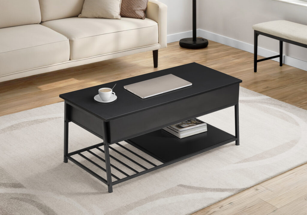 Coffee Table, 42″ L, Cocktail, Lift-top, Rectangular, Storage, Living Room, Black Laminate, Black Metal, Contemporary, Modern