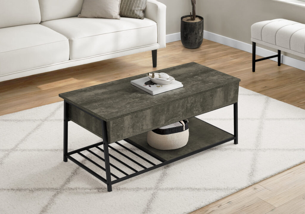 Coffee Table, 42″ L, Cocktail, Lift-top, Rectangular, Storage, Living Room, Dark Bronze Laminate, Black Metal, Contemporary, Modern